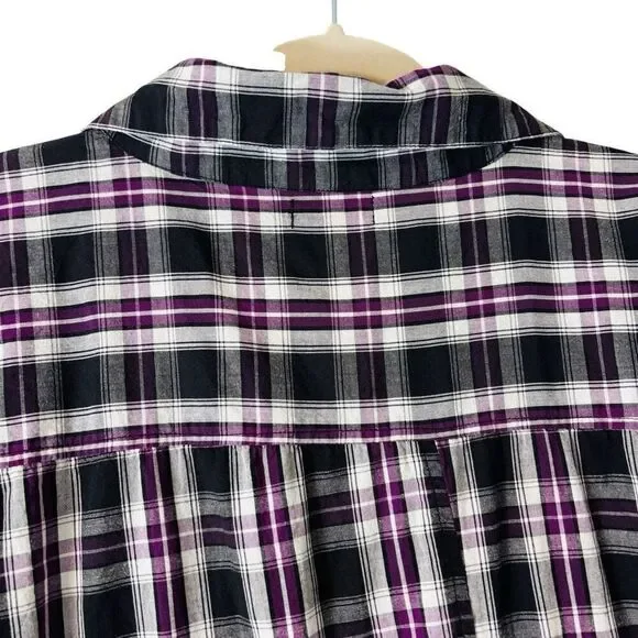 Tulip plaid cotton asymmetrical flounce back black purple white button up tunic - Picture 4 of 11